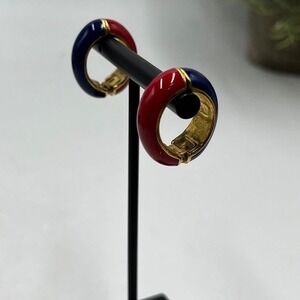 Kenneth Jay Lane KJL Reversible Blue and Red Enamel Clip-on Huggie Earrings